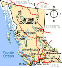 Map of British Columbia, Canada.