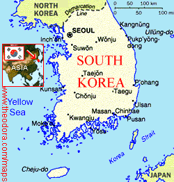 Map of the Republic of SOUTH KOREA,the birthplace of TAEKWON-DO.